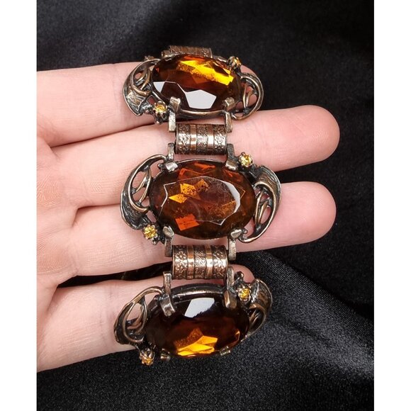 Vintage Czech Glass Amber Rhinestone Bracelet With Ornate Brass Setting & Floral - Picture 1 of 6